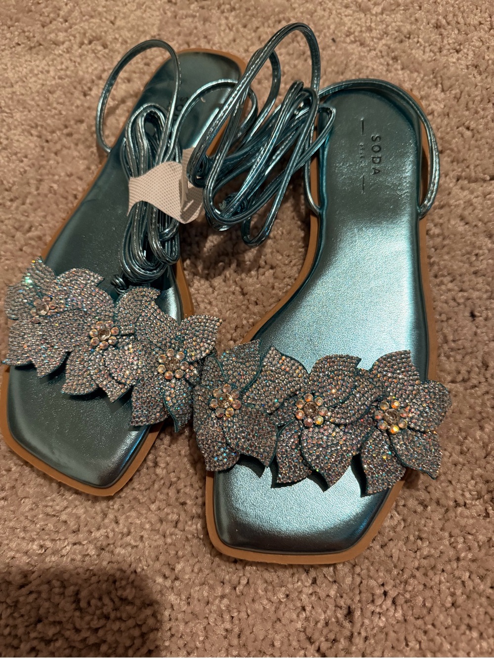 SODA Metallic Teal Floral Lace-Up Sandals